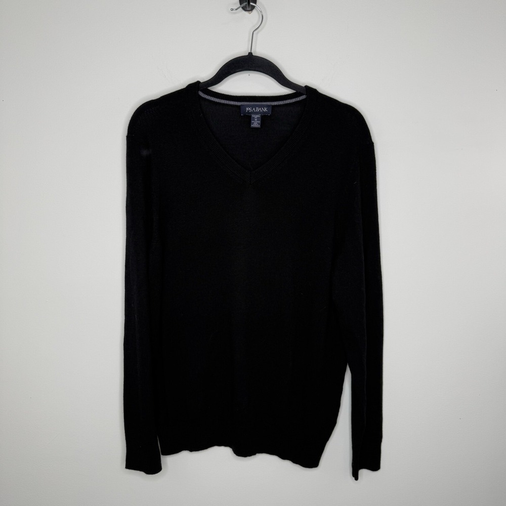 Jos. A. Bank 100% Merino Wool Sweater Men's Size M Black Shallow V Neck Soft EUC